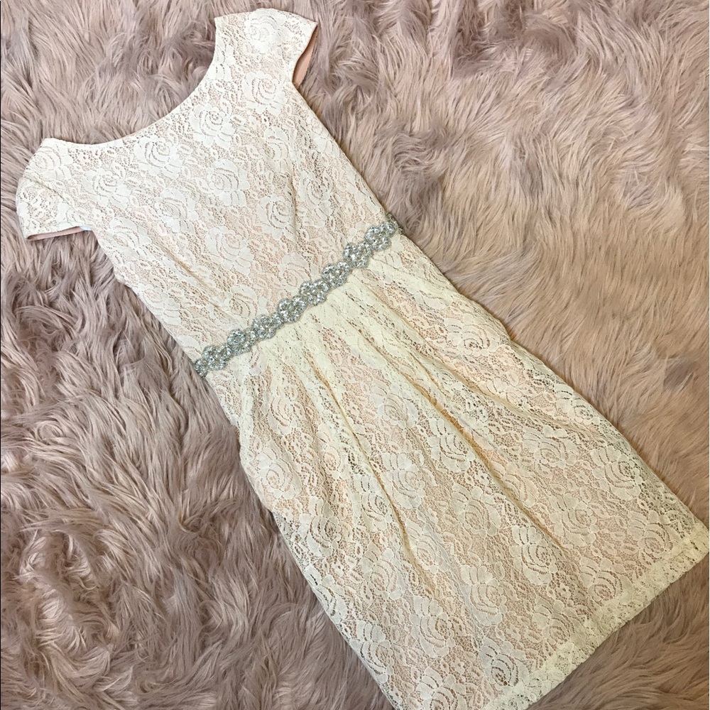 BLUSH LACED DAVID’S BRIDAL DRESS